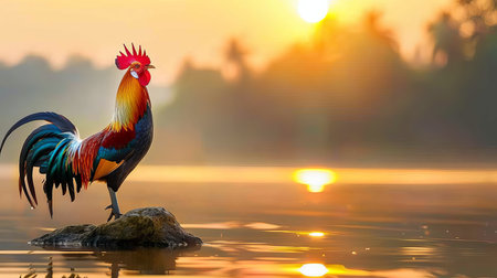 Regal rooster crowing proudly at sunrise in a picturesque and serene rural farm settingの素材