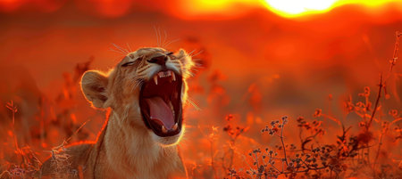 Majestic lion s powerful roar resonating across the vast african savannah wildernessの素材