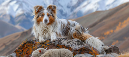 Attentive farm dog diligently safeguarding a herd of sheep from potential threatsの素材