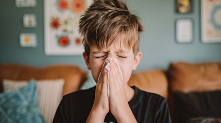 Close up of a sick young boy blowing his nose into a tissue, healthcare and cold conceptの素材