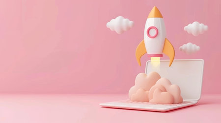 Startup success  rocket launches from laptop, symbolizing business taking off with dramatic smokeの素材