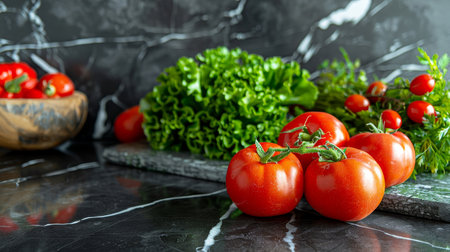 Contemporary kitchen with marble countertop, fresh produce on table   promoting healthy lifestyleの素材