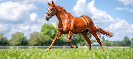 Energetic horse joyfully galloping freely across the vast expanse of an open fieldの素材