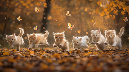 Playful kittens chasing butterflies in a flower garden   delightful feline playfulness among bloomsの素材