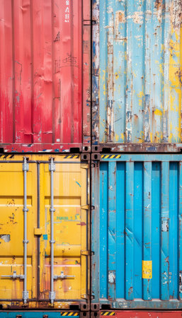 Vibrant rows of shipping containers in assorted colors for industrial storage and transportationの素材