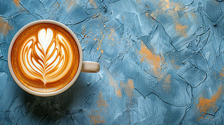 Office coffee break concept on clean table, pastel background, top view with copy spaceの素材