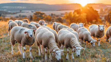 Tranquil sheep grazing in picturesque mountain landscape, embodying serene outdoor nature ambianceの素材