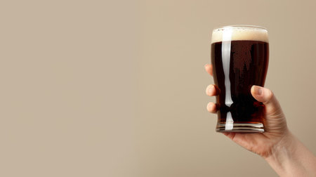 Side view of hand holding beer glass isolated on light pastel background with space for textの素材
