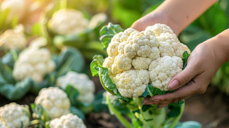 Hand holding fresh cauliflower head with selection on blurred background, copy space availableの素材