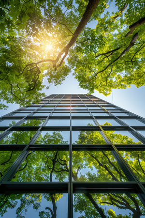 Modern cityscape  eco friendly glass office building integrated with greenery for sustainable livingの素材