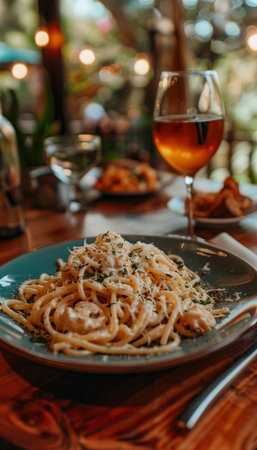 Delicious italian carbonara pasta with bacon, cheese, and meat   traditional spaghetti dishの素材