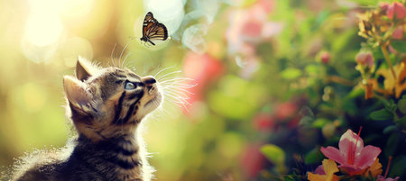Adorable kittens playfully chasing butterflies amidst blooming flowers in a lush gardenの素材
