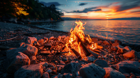 Nighttime campfire illuminates tourist campsite with flames and sparks on dark backgroundの素材