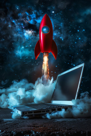 Startup rocket launching from laptop with dramatic smoke symbolizing business taking off to successの素材