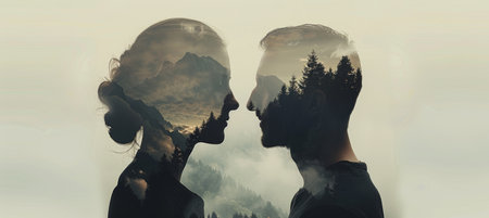 Surreal double exposure of woman and man heads merged with peaceful forest backdropの素材