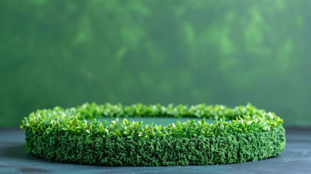 Forest green moss texture podium in misty woodland setting for showcasing productsの素材
