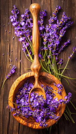 Lavender flowers in mortar on table  natural cosmetic ingredient with room for textの素材