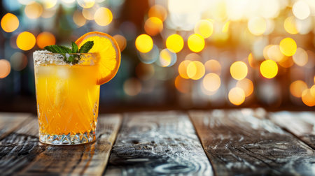 Refreshing orange juice in glass with mint leaves on blurred background, perfect for text placementの素材