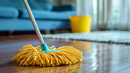 Mop placed on laminate floor with a bucket of water in the background, simple cleaning conceptの素材