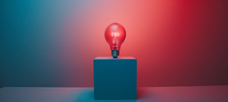 Illuminated light bulb on block with ample space for text placement on solid colored backgroundの素材