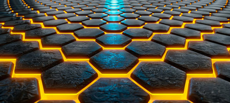 Luminous hexagonal neon lights on dark backdrop for graphic design projects and modern aesthetics.の素材