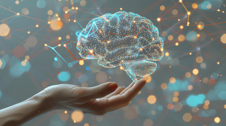 Hand holding human brain model with neuron hologram lines on white background for scientific studyの素材