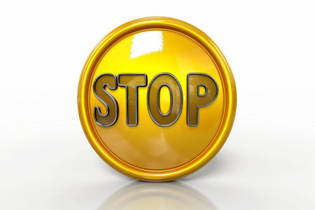 Vibrant red stop button with bold  stop  text isolated on a clean white backgroundの素材