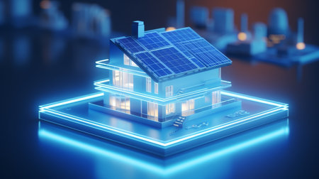 Smart home 3d model with solar panels, blurred background, renewable energy concept, space for text.の素材