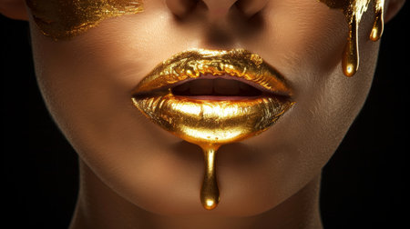 Golden paint drips and gloss on beautiful model s face, lips, and nails with metallic skin makeupの素材