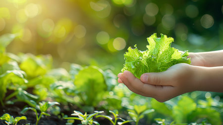 Fresh lettuce leaves held in hand, assorted lettuce display with blurred background for textの素材