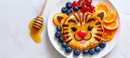 Adorable tiger face pancake breakfast for kids with berries and honey on white plate, copy spaceの素材