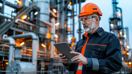 Experienced male technician operating tablet at gas refinery installation during evening twilightの素材