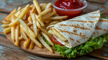 Top view of traditional sandwiches and french fries on wooden table with space for textの素材