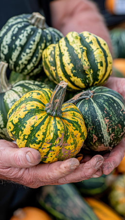 Yellow squash selection on blurred background with copy space, hand holding fresh squashの素材