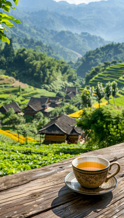 Coffee cup with scenic green plantation mountain backdrop providing ample space for text placementの素材
