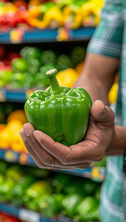 Assorted bell peppers held in hand, colorful selection with copy space on blurred backgroundの素材