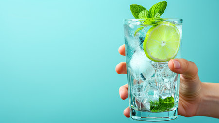 Side view of hand holding a glass of lemonade on pastel background with space for textの素材