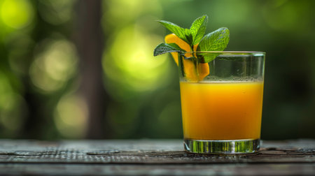 Refreshing orange juice in glass with mint leaves on blurred background, perfect for textの素材