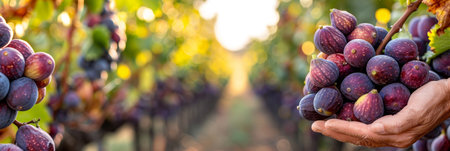 Hand holding ripe fig, figs selection on blurred background with space for text placementの素材