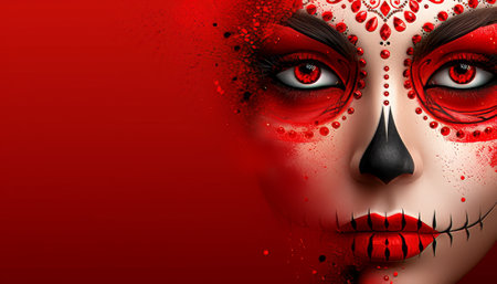 Day of the dead skeleton face painting background with ample empty space for text placementの素材