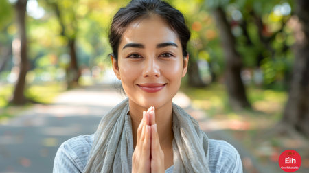 Asian muslim woman smiling, making eid mubarak gesture on blurred background with text spaceの素材