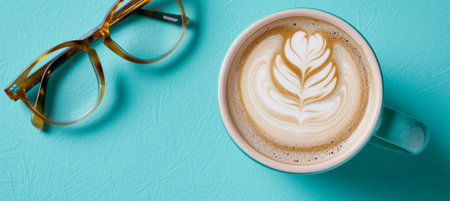 Workspace relaxation  coffee break on clean desk, pastel background, top view mockup with copy spaceの素材