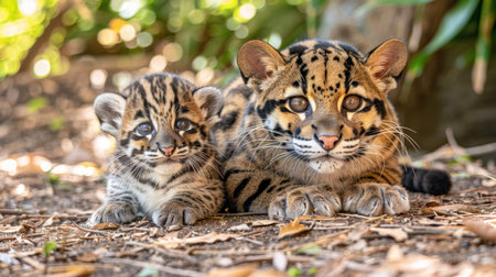 Male clouded leopard and cub portrait with ample space on left for text, object on right sideの素材
