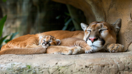 Male puma and cub portrait, empty space for text, object on right, ideal for creative designsの素材
