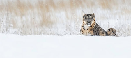 Snow leopard and cub portrait with empty space for text on left and object on right sideの素材