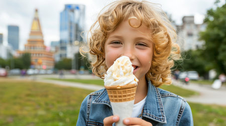 Young girl enjoying ice cream in city park with blurred background, perfect for textの素材