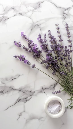 Lavender flowers in mortar on table  natural cosmetic ingredient with copy spaceの素材