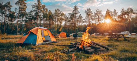 Nighttime campfire with flames and sparks illuminating tourist campsite in the darkの素材