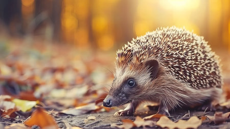 Charming hedgehog exploring lush green forest with beautifully blurred backgroundの素材