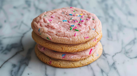 Professional food photography of frosted sugar cookies with colorful sprinkles for enticing visualsの素材
